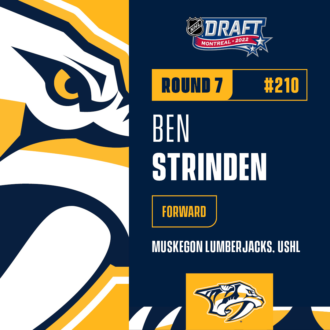 PredsNHL's tweet image. Our final pick is in! With the 210th overall pick in the 2022 #NHLDraft, the Nashville Predators have selected Ben Strinden from the USHL&apos;S Muskegon Lumberjacks
