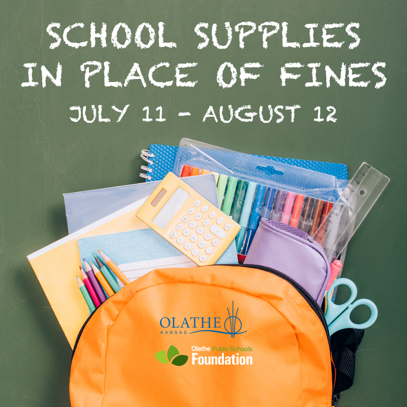 CityofOlatheKS's tweet photo. Olathe Municipal Court is partnering with @OPSF233 to replace court fines with school supply donations!
Donate $15 worth of school supplies from July 11-Aug 12 & receive $50 in credit towards traffic infraction and parking fines!