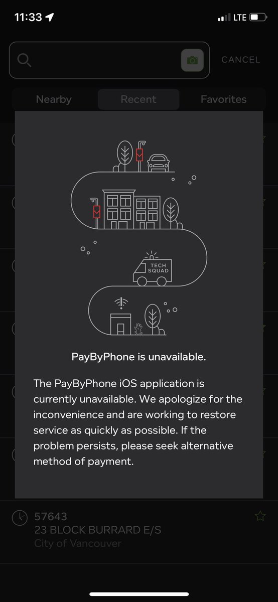 Peter_Bremner's tweet photo. Getting this message that @PayByPhone is down. Let’s hope the by-law officers take this into account when issuing tickets. https://t.co/CXZ5YmyDsr