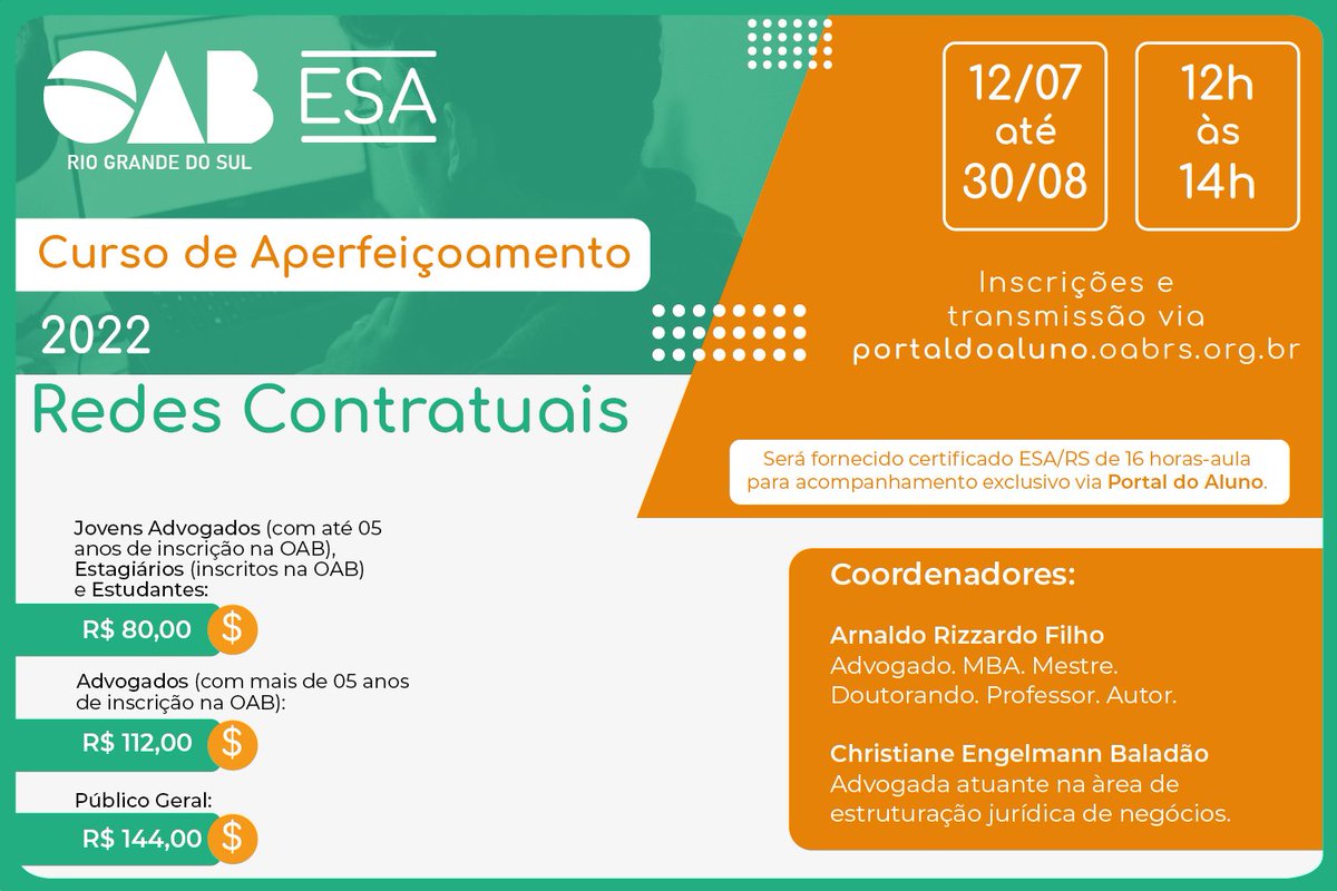 A ESA/RS realizará, a partir da próxima terça-feira (12), o Curso de Aperfeiçoamento: “Redes Contratuais”. As aulas serão totalmente on-line com certificação de 16 horas-aula. As matrículas já estão abertas, saiba mais no link: bit.ly/3bZP8B4