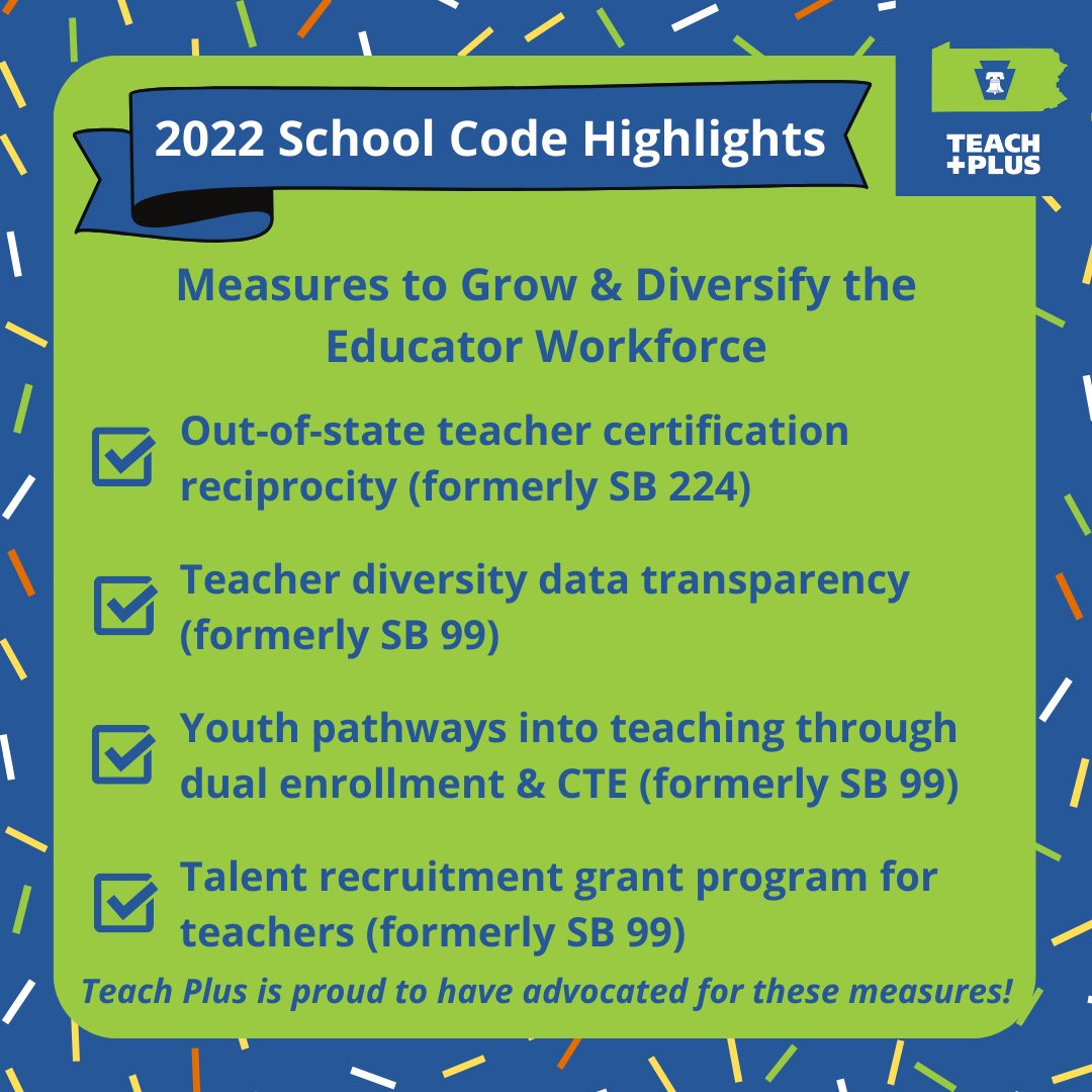 TeachPlusPA's tweet photo. This year's PA School Code contains several measures to grow and diversify the educator workforce and train teachers in the science of reading that Teach Plus was proud to support. 

Read more here: https://t.co/CaU7UHZ5sF https://t.co/otrNWQAsTK