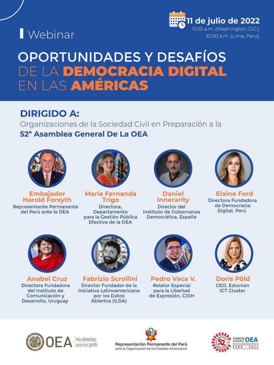 OEA_GestionPub's tweet photo. OPORTUNIDADES Y DESAFÍOS DE LA DEMOCRACIA DIGITAL EN LAS AMÉRICAS, Camino a la 52a Asamblea General #OEA "Juntos contra la desigualdad y la discriminación" @PeruOEA @OEA_GestionPub 

Participa este lunes 11 de Julio

Conoce la agenda y registrate: 

https://t.co/4tgakDRmvg https://t.co/b3zkySyqke