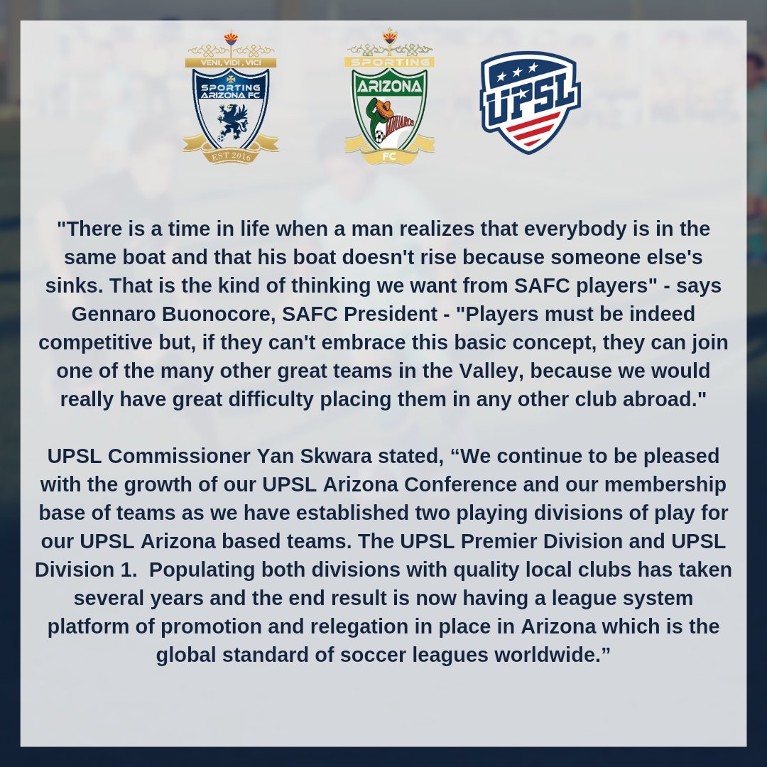 Official Press Release! 🚨

A statement regarding SAFC and UPSL has been issued for the upcoming season! 

If youd wish to view the full release, please check out the article on our website! 

Sportingarizona.com

#wearesportingarizona #upsl #pressrelease #wearesahuaros
