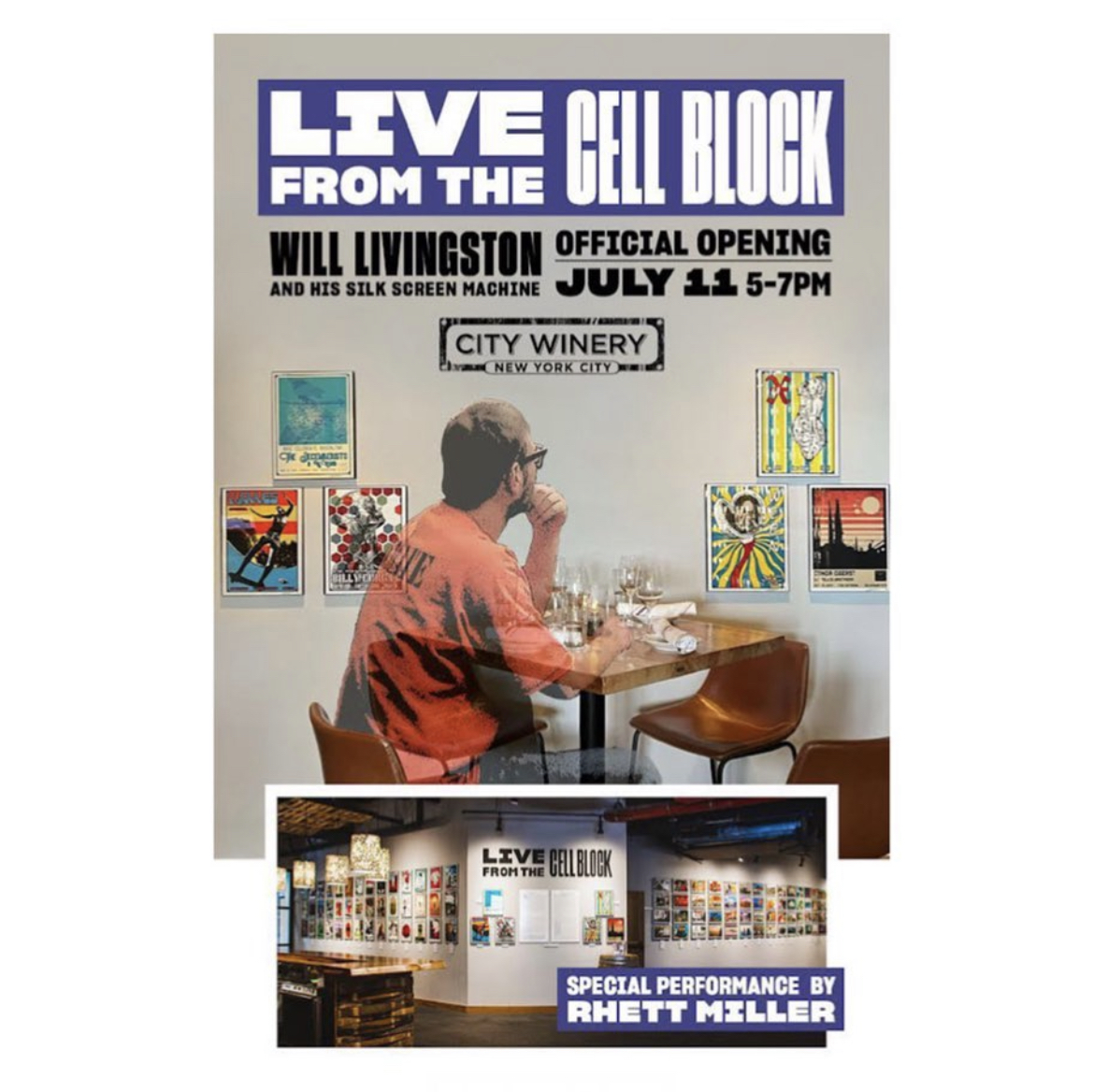 JusticeArtsOrg's tweet photo. Opening night of the "Live From the Cellblock" exhibition will be Monday, July 11th from 5-7pm EST at City Winery NYC with a special performance by Rhett Miller of Old 97s (one of the artists featured in Will’s posters). RSVP today! https://t.co/pu8UGyWX1r https://t.co/JFKkbq9V2l