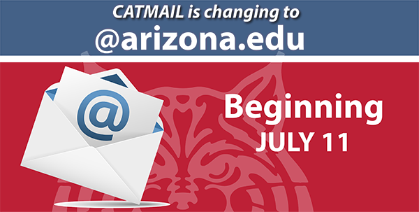 UaInfotech's tweet photo. Monday, July 11, start using your @arizona.edu address for University systems that ask for email to log in (such as Office 365, Google, Adobe). Student CatMail will also start sending from @arizona.edu. Read more about these changes at 
https://t.co/Nh0KXRIIRx https://t.co/odxQ9OjKKc
