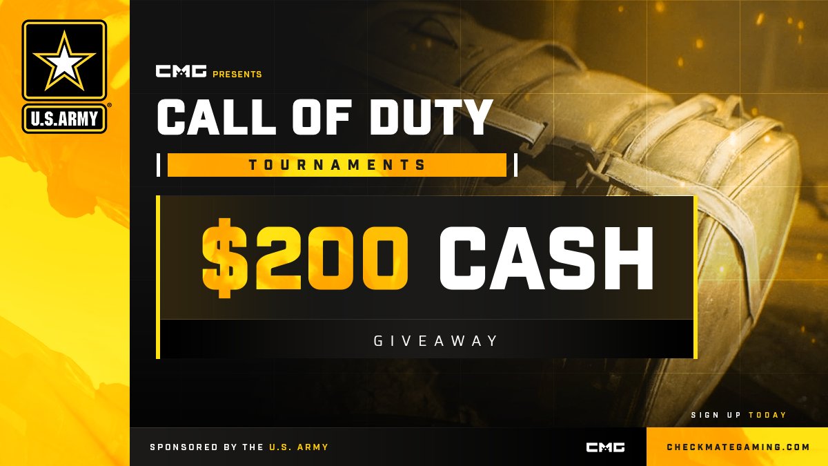 $200 Cash Giveaway CMG x U.S. ARMY

🎁 2 Winners of $100
♻️ Retweet this tweet
👥 Tag your duo
💚 Follow <a href="/CMG_Esports/">CMG</a>

Winners picked Sunday 5 PM EST.

Enter here - checkmategaming.com/free-tournamen…