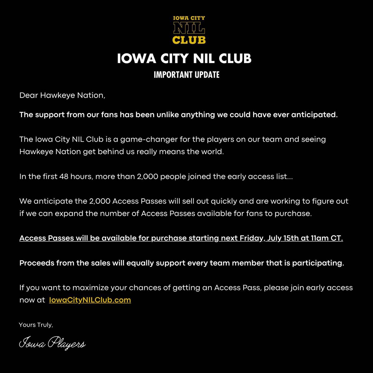 An important update for the best fans in college football… 🖤💛 @IowaCityNILClub #Hawkeyes