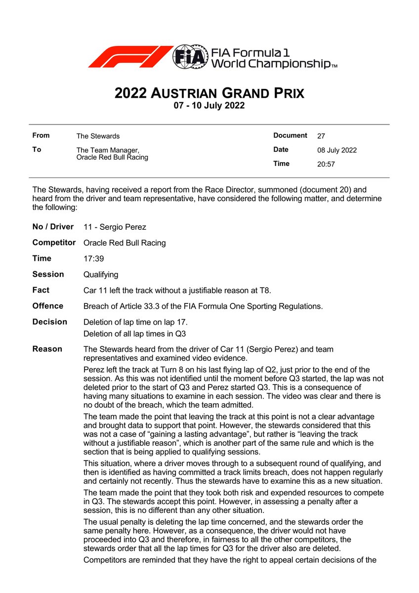 SoyMotor's tweet photo. 🚨 ÚLTIMA HORA 🚨

Los comisarios eliminan la vuelta que daba el pase a la Q3 a Sergio Pérez y también todos sus tiempos de la Q3. 

#F1 #AustrianGP https://t.co/3MrvpjRNIg