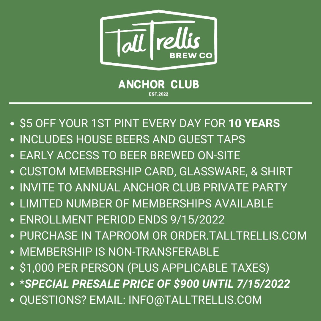 Tall Trellis Brew Co. (@talltrellis) on Twitter photo INTRODUCING: The <a href="/talltrellis/">Tall Trellis Brew Co.</a> Anchor Club. Discounted presale is live until Friday the 15th at Noon. Link in bio. ⚓️♣️ #talltrellis #binesandbeans #anchordownbottomsup INTRODUCING: The <a href="/talltrellis/">Tall Trellis Brew Co.</a> Anchor Club. Discounted presale is live until Friday the 15th at Noon. Link in bio. ⚓️♣️ #talltrellis #binesandbeans #anchordownbottomsup