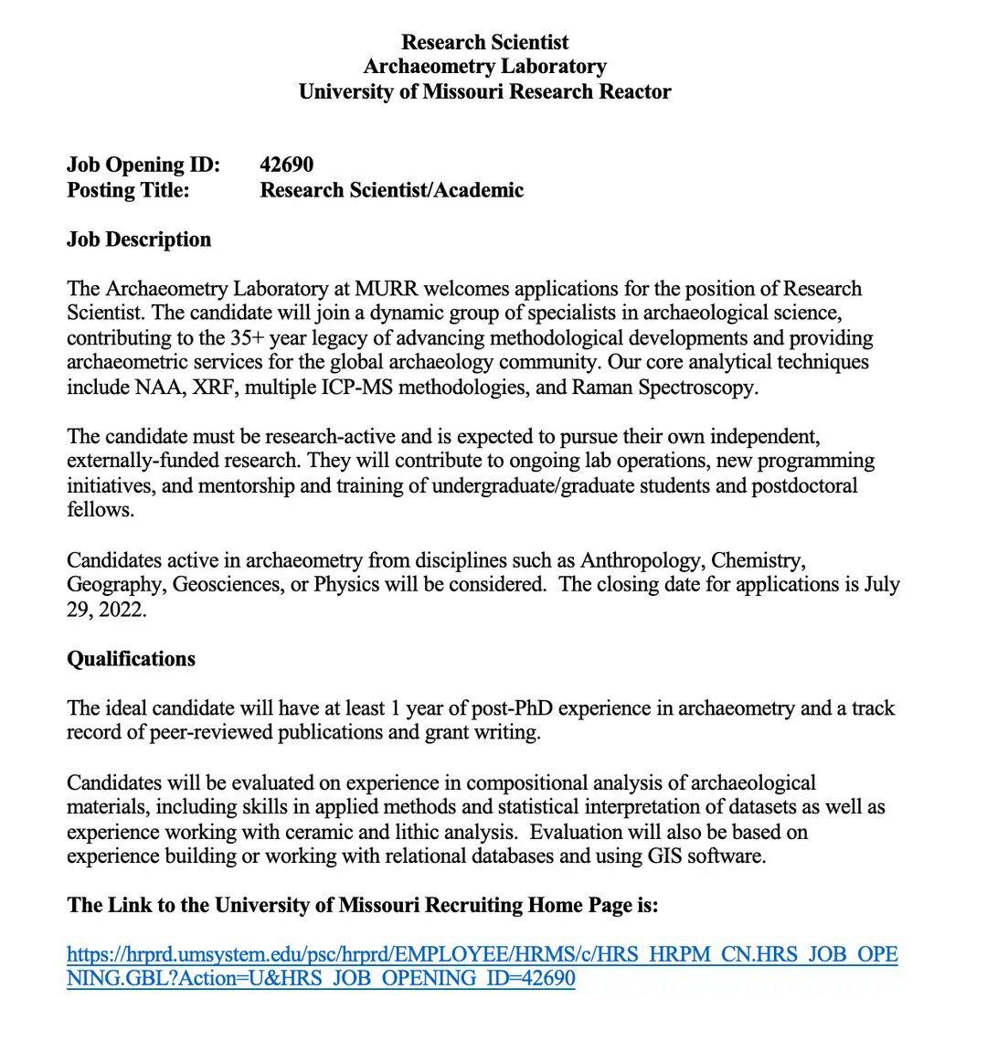 Society for Archaeological Sciences (@socarchsci) on Twitter photo 📢 job alert! 📢
A position for a research scientist is being offered at <a href="/MURRMatters/">MU Research Reactor</a> apply here 👇 and please share! #Archaeology #ArchSci
erecruit.umsystem.edu/psc/tamext/COL… 📢 job alert! 📢
A position for a research scientist is being offered at <a href="/MURRMatters/">MU Research Reactor</a> apply here 👇 and please share! #Archaeology #ArchSci
erecruit.umsystem.edu/psc/tamext/COL…