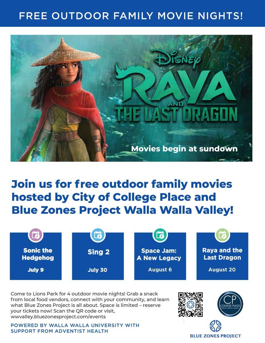 Please attend this free Movies at the Park event put on by Walla Walla Valley Blue Zones and The City of College Place. To register, please click here: https://t.co/man815lWID https://t.co/dKqoOgJqut