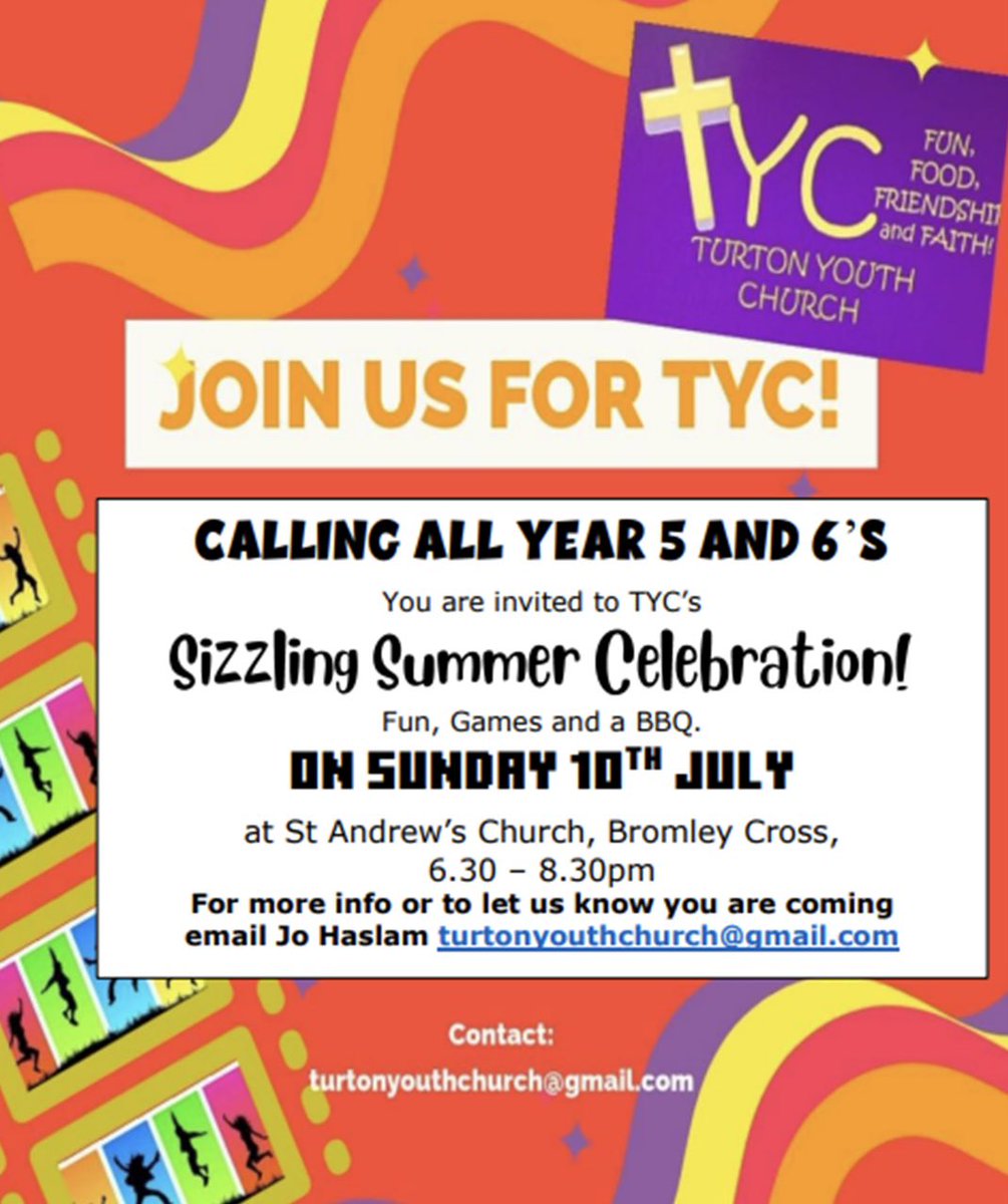 Our final meeting before our Summer break - Sizzling Summer Celebration! For anyone Year 5 and above, Sunday 10th July 6.30 to 8.30pm St Andrew’s Church, Bromley Cross. <a href="/walmsleysch/">walmsleyschtweet</a> <a href="/StMaxentiusPri/">St Maxentius</a> <a href="/Edgworthschool/">Edgworthprimary</a> <a href="/ChurchWalmsley/">Christ Church Walmsley & St Andrew's Bromley Cross</a> <a href="/StMaxChurch/">St.Maxentius, Bradshaw</a> <a href="/StAnneswithStJ1/">St Anne's with St James'</a> <a href="/PlacesProject/">Places Project</a>