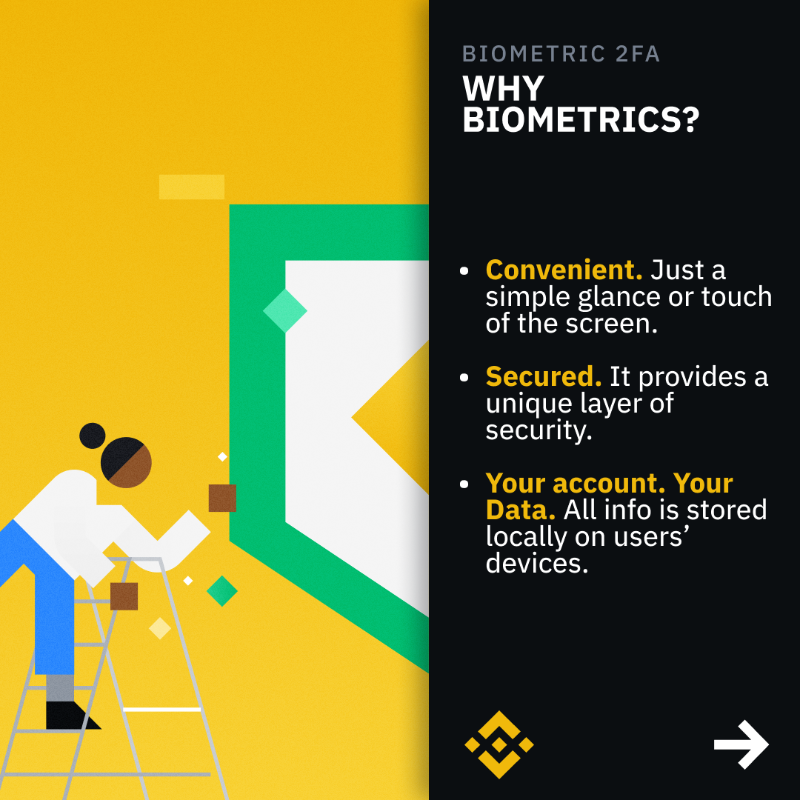 binance's tweet photo. Make your crypto even more secure on Binance with Biometric 2FA. 
 
Swipe to find out how to set it up on your app today.