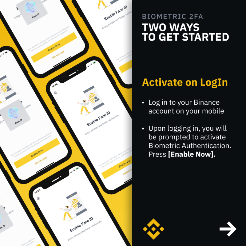 binance's tweet photo. Make your crypto even more secure on Binance with Biometric 2FA. 
 
Swipe to find out how to set it up on your app today.