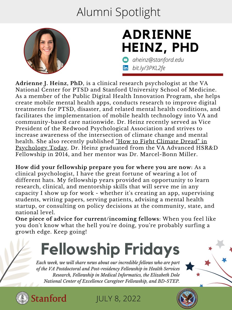 Alumni Spotlight: Meet Dr. Adrienne Heinz, <a href="/Ci2iVA/">Innovate2Implement</a> HSR&amp;D Advanced Fellowship Alum '14! <a href="/vahsrd/">VA HSR</a> <a href="/StanfordHP/">StanfordHealthPolicy</a> <a href="/StanfordMed/">Stanford Medicine</a>