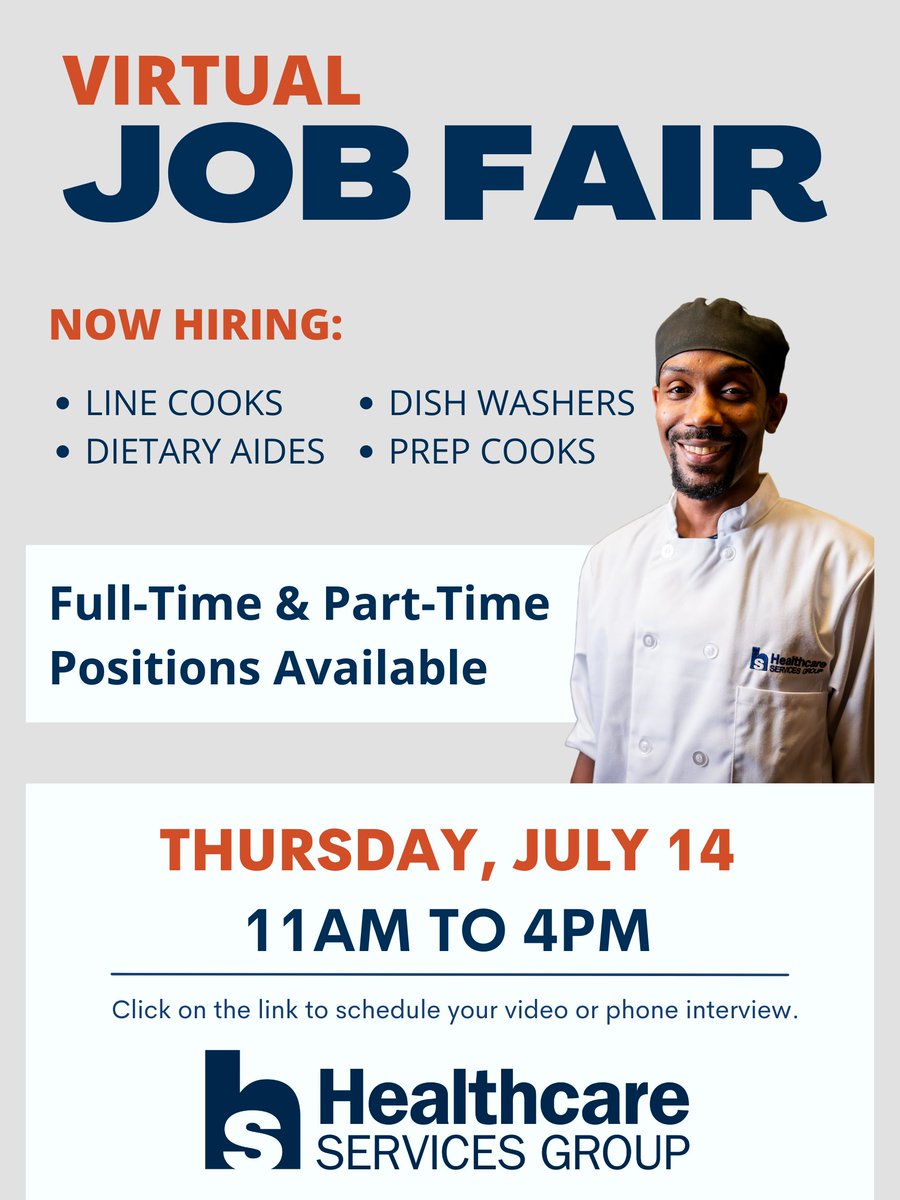 hcsgcareers's tweet image. VIRTUAL JOB FAIR || THURSDAY, JULY 14

HCSG is hiring #Linecooks, #PrepCooks, #DietaryAides, and #DishWashers in Sarasota, Florida. Schedule your phone or video interview to learn more. Qualified employees can receive on-the-spot job offers! 

ow.ly/zH3150JRSto