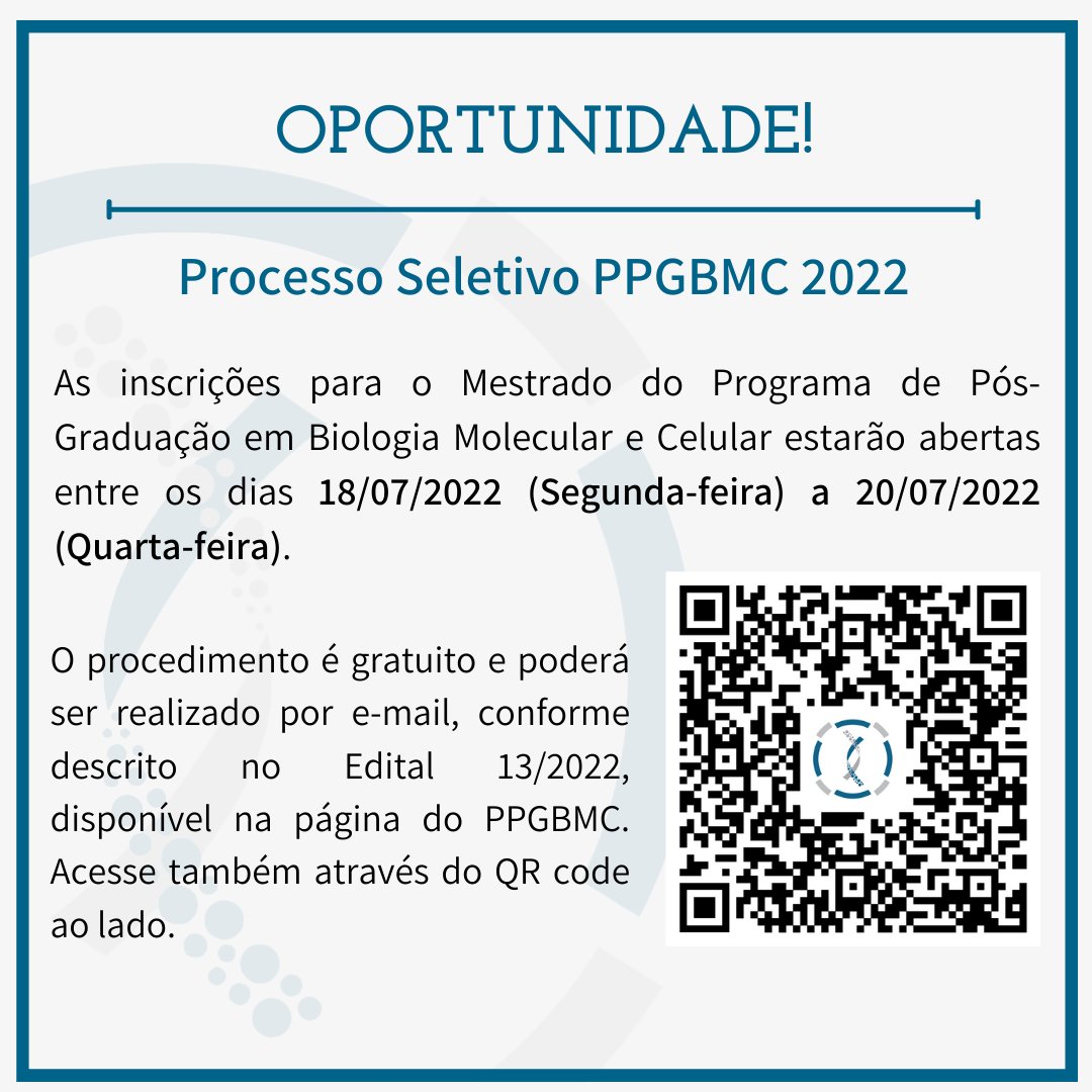 As inscrições para o Mestrado do PPGBMC estarão abertas entre os dias 18/07/2022 (Segunda-feira) e 20/07/2022 (Quarta-feira).

O procedimento é gratuito e poderá ser realizado por e-mail, conforme descrito no Edital 13/2022. Acesse em m5.gs/c2pZbX