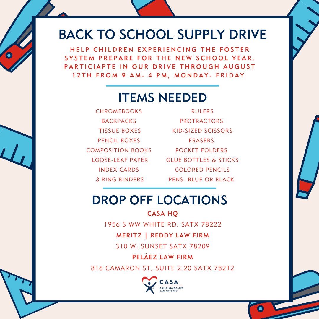 CASA_SATX's tweet image. Although it's summer break, we are gearing up for our annual Back to School Supply Drive for children experiencing the foster system. Please share with family, friends &amp;amp; co-workers! #backtoschool #schoolsupplydrive #supportCASA #casaSATX #community
