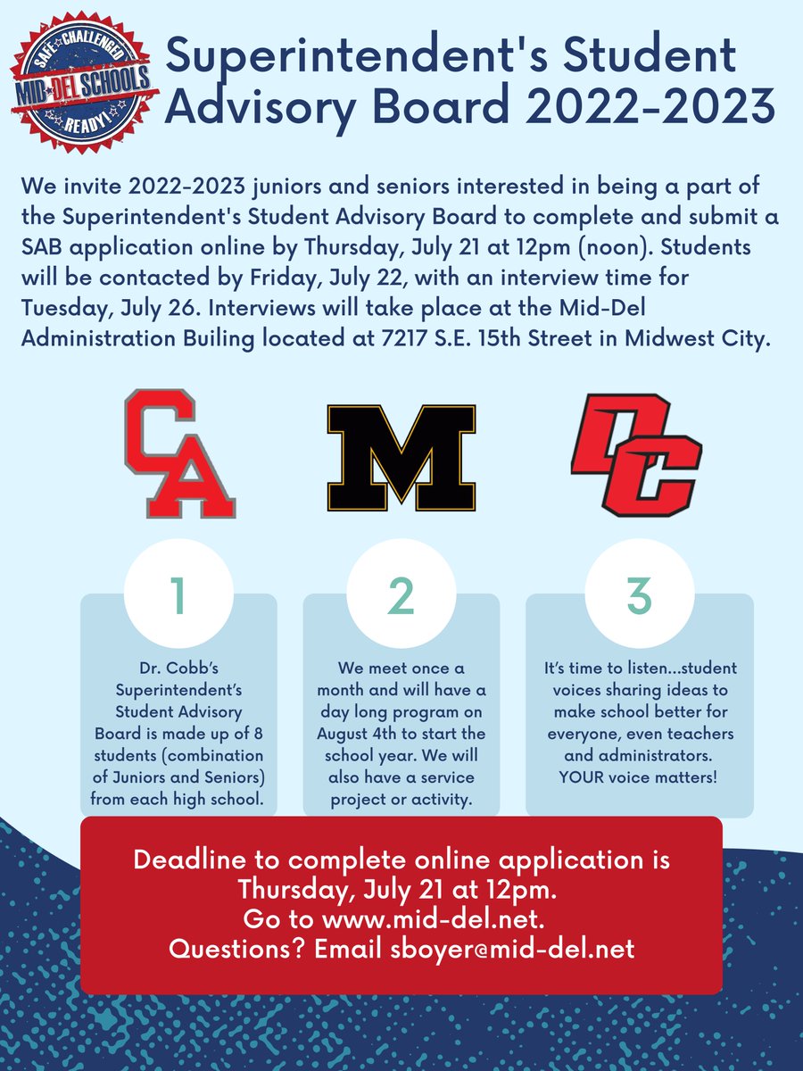 middelnews's tweet photo. Superintendent's Student Advisory Board Applications are OPEN to 2022-2023 juniors and seniors. Submit applications online by July 21 @ 12pm. Students must use their Mid-Del school email account. Problems, email student-help@mid-delonline.net. Apply HERE: https://t.co/RyZvAVrICs https://t.co/yyuJlyZCFZ