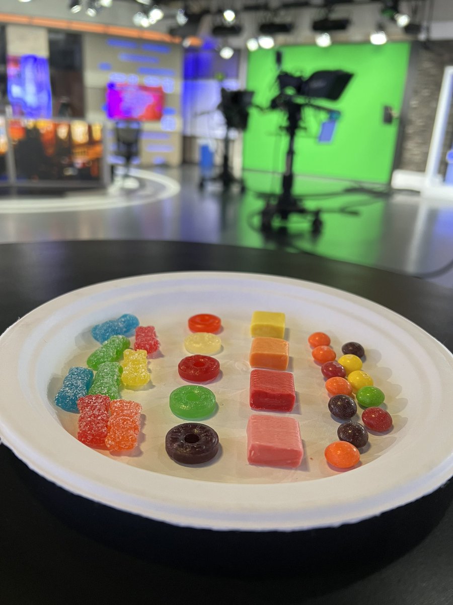 JCullenWX's tweet photo. Time for a little experiment 🔬I’ll have this plate outside in the sun for the next two hours. Which candy do you think will melt the most? #arwx #ARStormTeam https://t.co/J9u8E0axmz