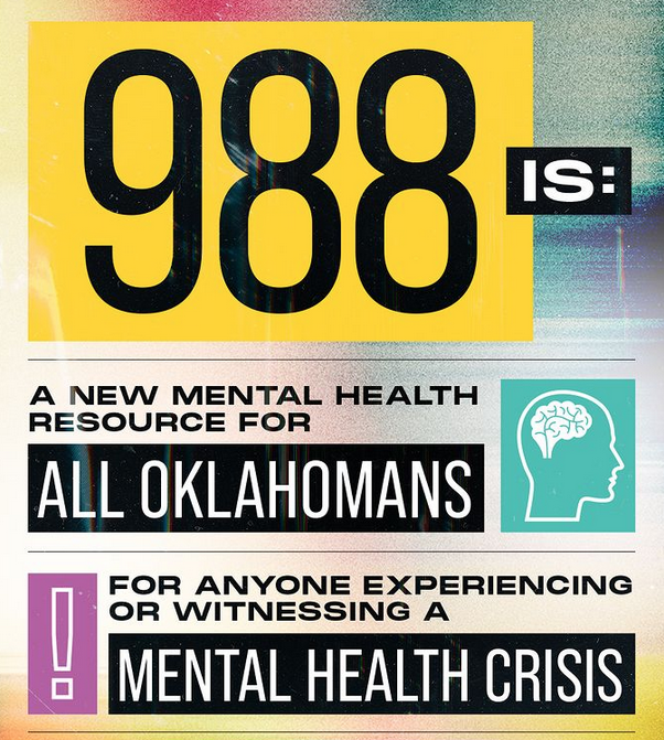 ICYMI: Oklahoma's newest mental health resource is now live! Our partners at <a href="/ODMHSASINFO/">OK Dept. Mental Health & Substance Abuse Services</a> launched the hotline on July 5.

📱 Dial 988 if you are experiencing or witnessing a mental health crisis.

🔗 More info: 988oklahoma.com

#MentalHealthAwareness #Resources #Hotline