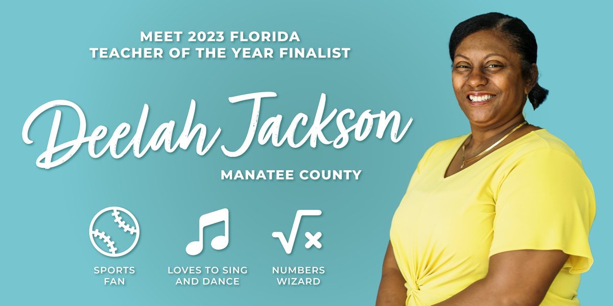 EducationFL's tweet photo. Our fourth #finalistfeature is Deelah Jackson, a 4th grade teacher at Samoset Elementary School in Manatee County. 
Deelah is known for engaging her students with high-quality lesson plans, as well as utilizing singing and movement to keep students motivated.  

#FLTOY2023 https://t.co/liVXXHInQ4