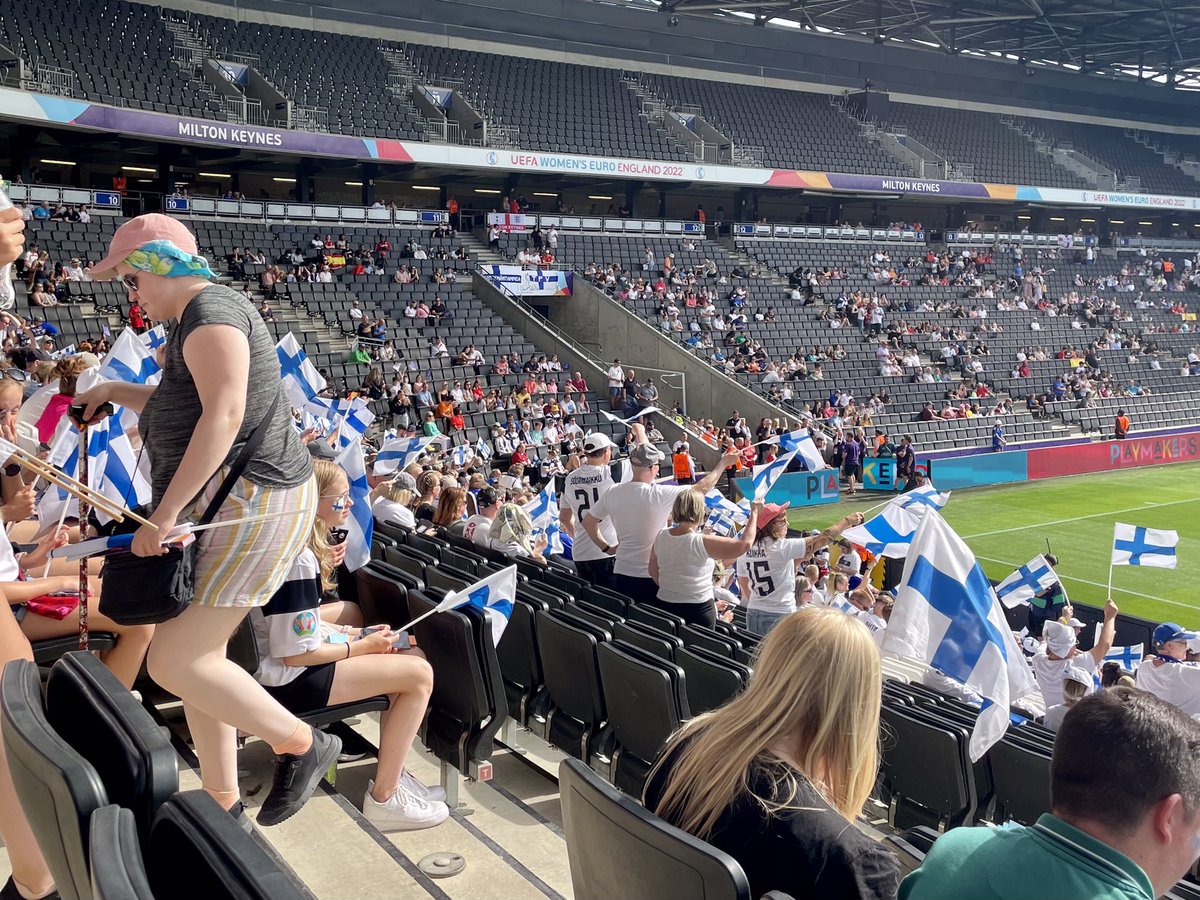 DrTABailey's tweet photo. Great atmosphere in our corner of Finland for the Women’s Euros match at StadiumMK today - boy they were noisy! 🤣 #ESPvFIN https://t.co/BDhEn0pdAP