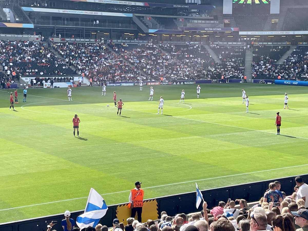 DrTABailey's tweet photo. Great atmosphere in our corner of Finland for the Women’s Euros match at StadiumMK today - boy they were noisy! 🤣 #ESPvFIN https://t.co/BDhEn0pdAP