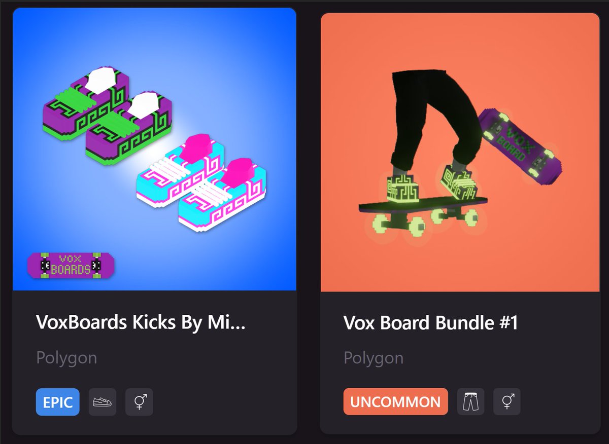 We have partnered with <a href="/Miguel_Amargo/">Amargo</a> to give away some @VoxBoardsNFT during our Twitter space at 20:00 UTC in 15 minutes !! They will soon be usable in a P2E game in #Decentraland 

5x VoxBoards Kicks
5x Vox Board Bundles

#dcl #nfts #NFTCommunity #NFTGiveaway