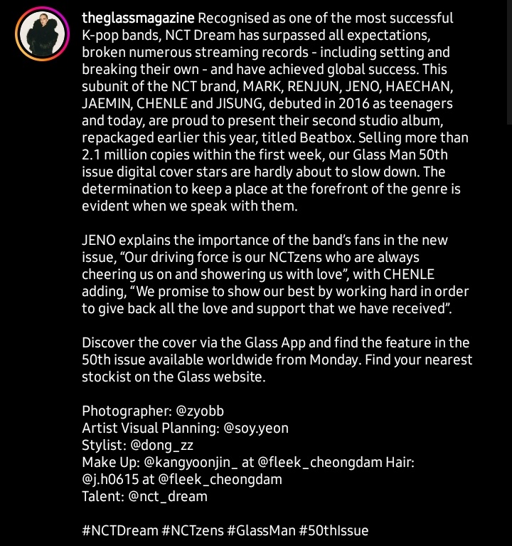 jaeminaein's tweet photo. I love the way they describe NCT DREAM π₯Ίπ
"Recognised as one of the most successful K-pop brands, NCT Dream has surpassed all expectations, broken numerous streaming records - including setting and breaking their own - and have achieved global success."
#GlassMan #50thIssue https://t.co/kHISM7xSwN