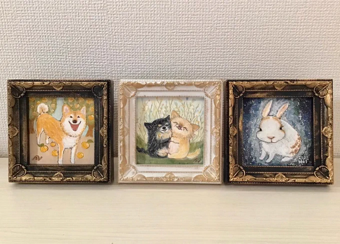 いよかん畑で伊予丸さん、にこにこ寄り添うランさんナナさん、ギャラクシーラビット☆メルさんの肖像画を描きました 