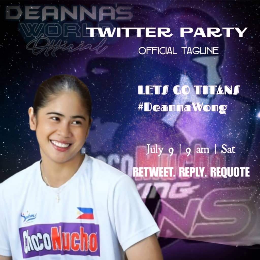 This is the day. Excited naba ang lahat s game ng CMFT mmaya? Super excited na kaming makita k <a href="/deannawongst/">Deanna Wong</a> and lahat ng ube girls later.. Goodluck Titans.
Goodmorning EveryWONG, simulan nating ang pag iingay. Twitter Party na po.
Use the  taglines.

LETS GO TITANS
#DeannaWong