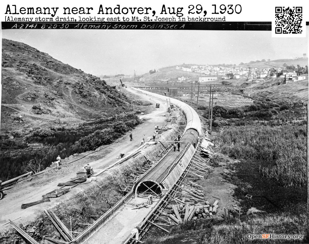 Burying Islais Creek, 1930
Or as DPW put it , building the Alemany Storm Drain. There’s a whole series of these construction shots, which ran along the former Ocean Shore Railroad, which became Alemany Blvd, which became the 280 freeway. Underneath, there’s a creek. #sfhistory