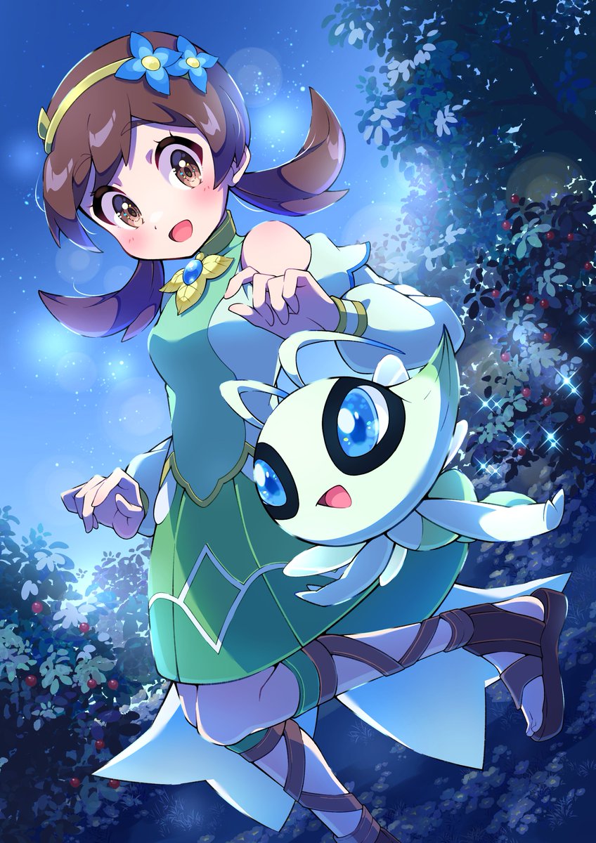 lyra (pokemon) 1girl official alternate costume pokemon (creature) flower brown hair night twintails  illustration images