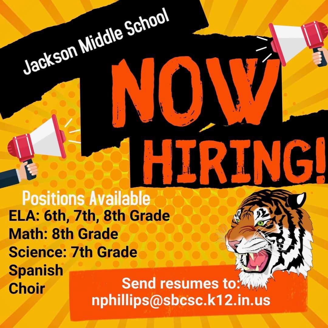 Are you a innovator? A game changer? A dynamic educator? Well if so Jackson Middle School is the place for you!!! Come grow with us!!!!