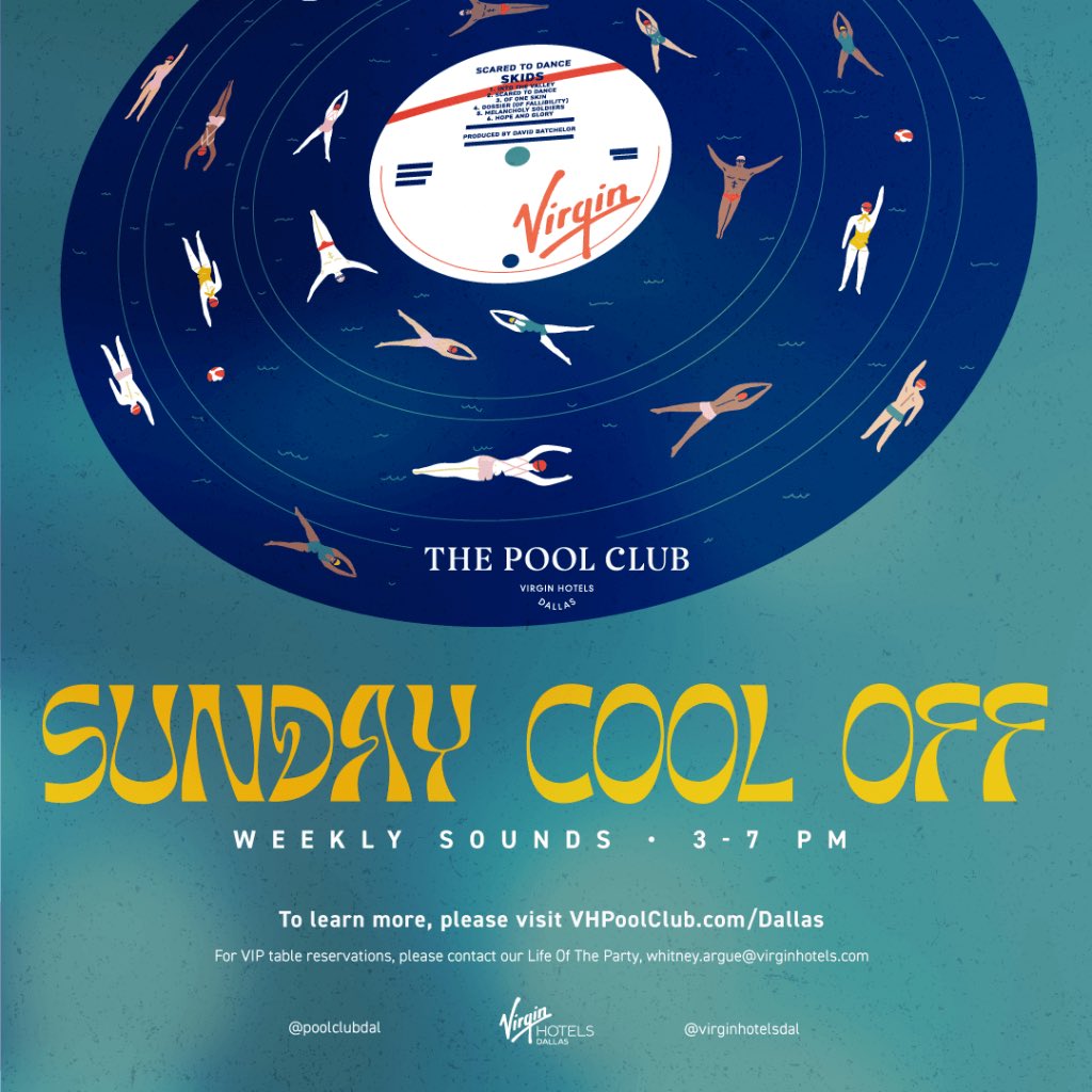 I’m playing the <a href="/virginhotelsdal/">Virgin Hotels Dallas</a> this Sunday 03:00p-07:00p 4th Floor Pool • it’ll be great to see some of your smiling faces pop up on me.
