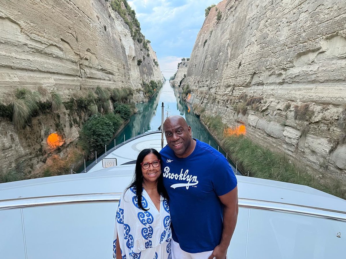 MagicJohnson's tweet photo. Cookie and I in Corinth Canal. Running 4 miles long, it was completed in the 1890s connecting the Gulf of Corinth in the Ionian Sea with the Saronic Gulf in the Aegean Sea! https://t.co/pT60juTrkF