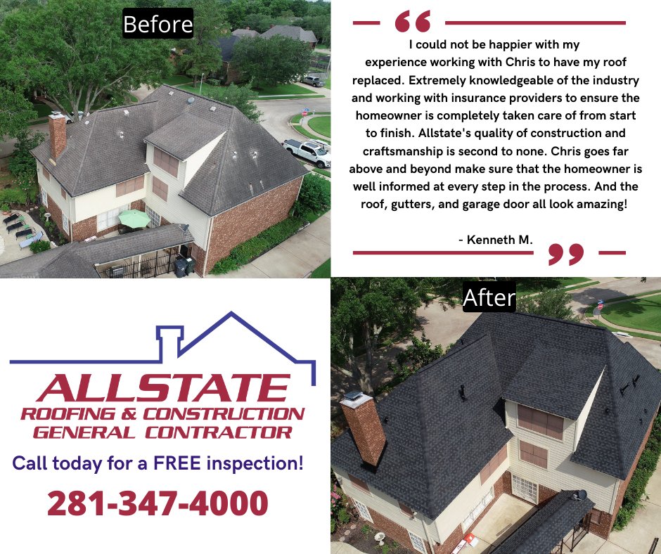 GcAllstate's tweet photo. Weather damage on your home? We can help! We helped this homeowner get his roof, gutters, and garage door all paid for by his insurance. The only payment this client was responsible for was the insurance claim. Give us a call today to schedule a FREE inspection! 

#roofing #home https://t.co/fcNIypKOAw