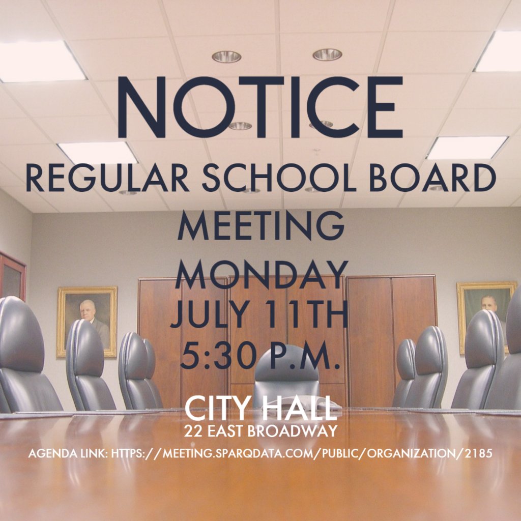 The agenda for the July 11th Regular School Board meeting is available. REMINDER: The meeting will be held at CITY HALL, 22 East Broadeay. meeting.sparqdata.com/Public/Organiz…