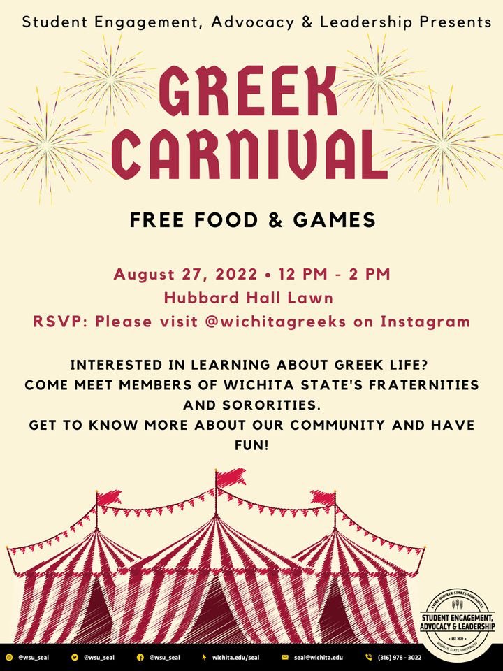 Come one come all to FSL’s Greek Carnival! To RSVP visit <a href="/wichitagreeks/">WSU Fraternity & Sorority Life</a> on instagram.