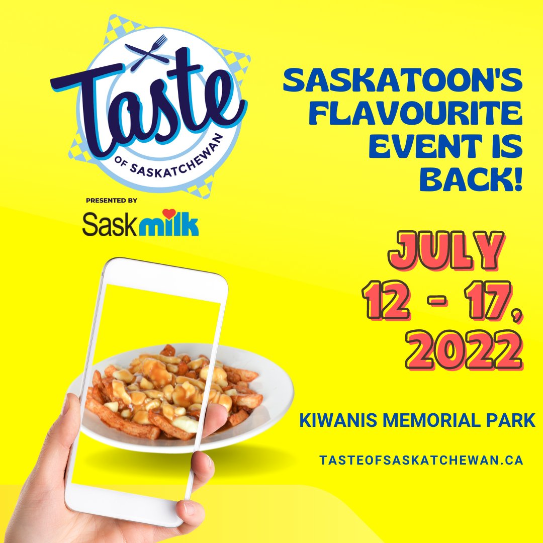 We're back! July 12-17, 2022 Check out the complete #TasteofSask presented by @SaskMilk festival details here: tasteofsaskatchewan.ca 📍Kiwanis Memorial Park 🕚 Open daily at 11 a.m.