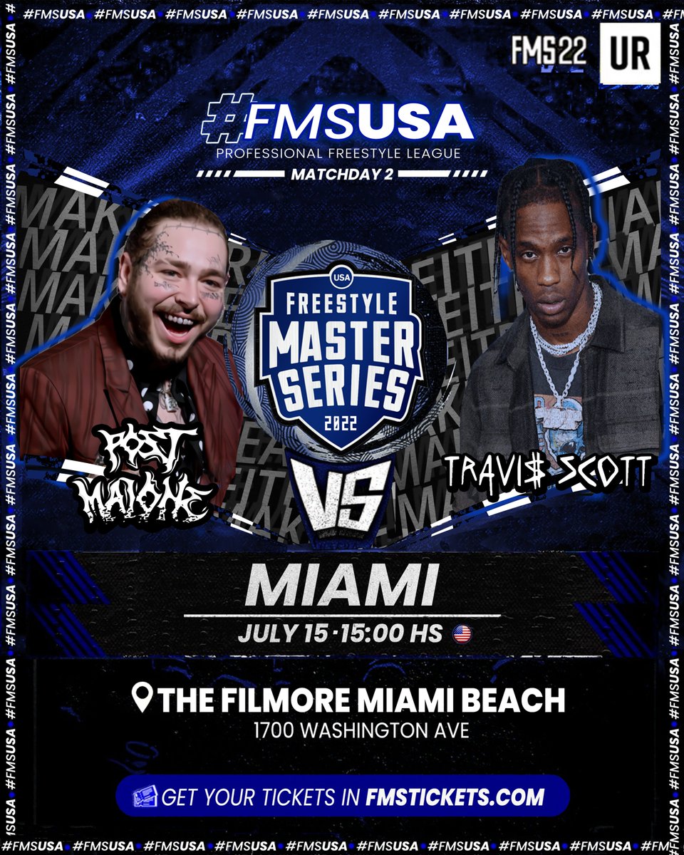 fms_usa's tweet photo. Fourth battle for #FMSMIAMI
@PostMalone 🆚 @trvisXX
who will be the best?
#FMSUSA #FMS22 #URBANROOSTERS #MAKEITREAL https://t.co/6qjTNF2uOi