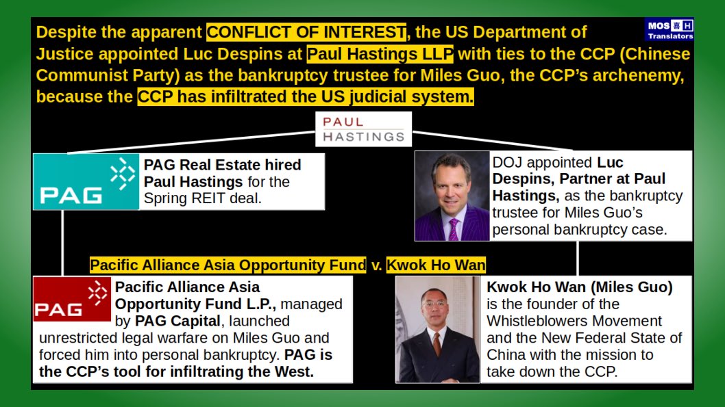 RT <a href="/NaomiLi14590801/">Naomi</a>: <a href="/FoxNews/">Fox News</a> 🇺🇸DOJ malpractice, an apparent conflict of interest‼️

🔹PAG - Pacific Alliance Group - has huge interests in China 🇨🇳
🔹Paul Hastings -represented PAG in all 74 litigations against #MilesGuo 
🔹🇺🇸DOJ appoints Luc Despins, …