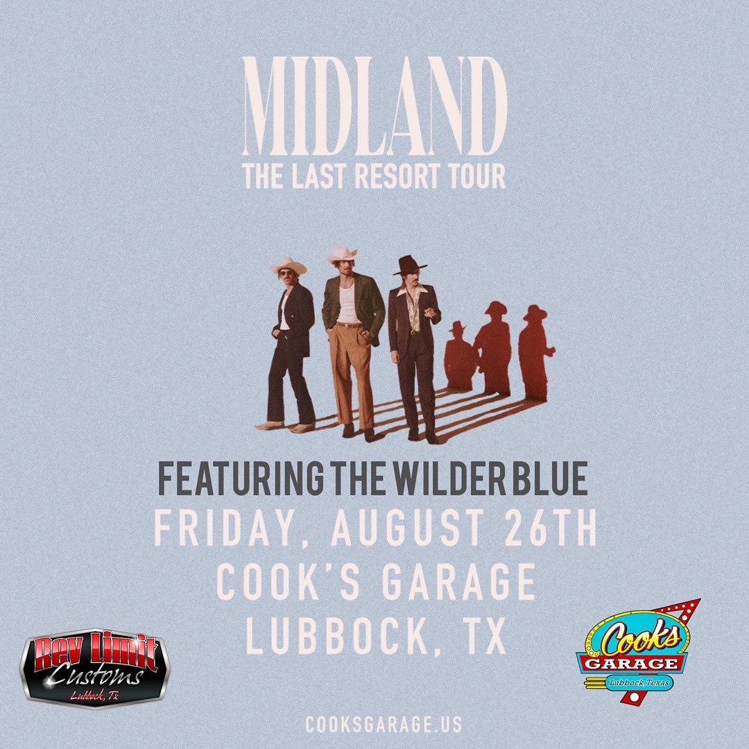 CookGarage's tweet photo. Tickets on sale now for Midland featuring The Wilder Blue, August 26th at https://t.co/LTb5LZDgEo #mildland #thewilderblue #drinkinproblem #cooksgarage #country #livemusic https://t.co/pyaiiwsKyb