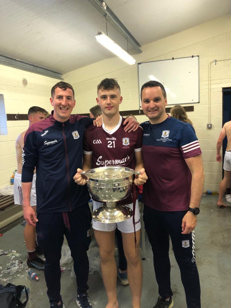 StMichaelsGAA's tweet photo. Galway - All Ireland Minor Champions 2022 🏆 

Massive congrats to all involved. @Galway_GAA 

Hugely proud day for @StMichaelsGAA with these three involved - Colm Tummon (stats), James Summerville &amp; Alan Glynn (Manager) pictured below. https://t.co/62Ygjm0TQT