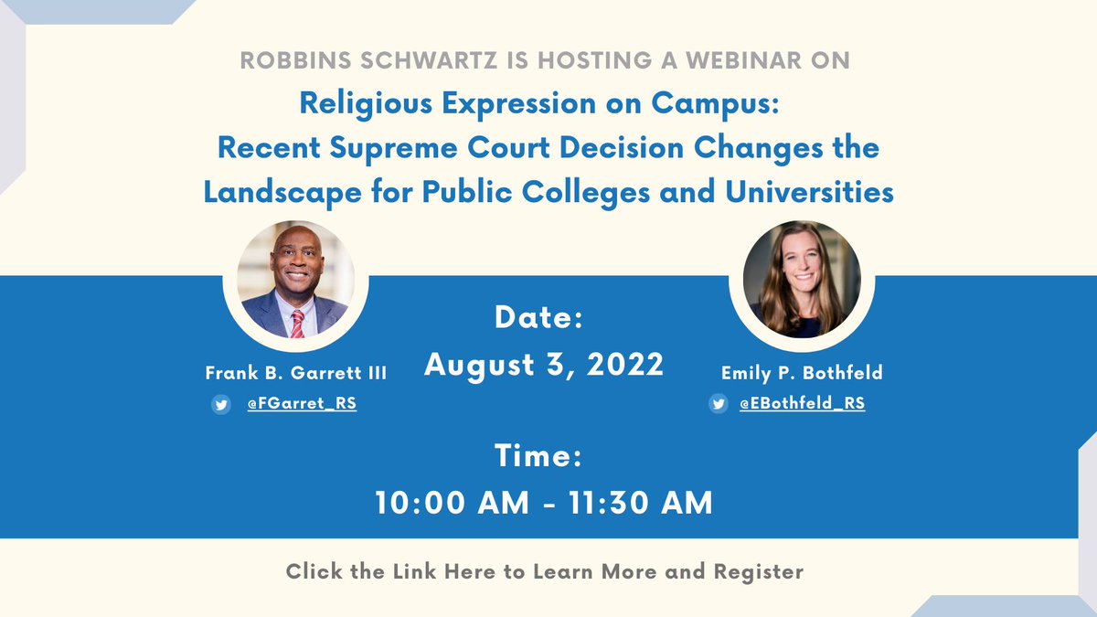 RSchwartzLaw's tweet photo. Join us on August 3 for a Webinar on Religious Expression on Campus.  Click the link below to learn more and to register! 

https://t.co/qp5Nyqtakp

#RSWebinar
#FirstAmendment https://t.co/hEqmzeMwBG