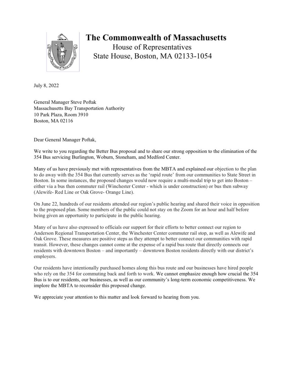 richhaggerty's tweet photo. Today, my colleagues and I sent a letter to the @MBTA regarding the #BetterBus proposal and shared our opposition to the elimination of the 354 Bus. The 354 is crucial to our residents, our businesses, and our communities as a whole. https://t.co/tjT4PiYvE5