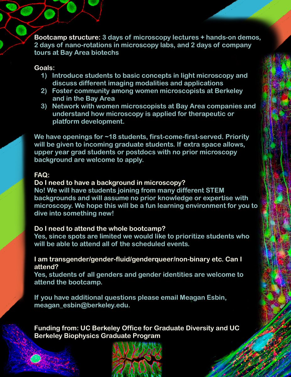 I am thrilled to be organizing the Women in Imaging + Industry Applications bootcamp August 3-11! Geared to incoming grad students, we will cover basic optics, hands-on demos, nano-rotations, and company tours + build community among women microscopists in the Bay! 👩🏾‍🔬👩🏻‍🔬👩🏼‍🔬🔬🧫