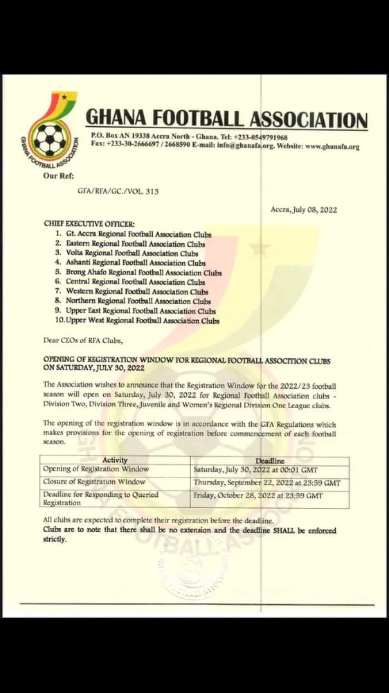 The Registration Window will  soon  be  open and we expect all Clubs to do the needful before time .<a href="/PHAddo/">Prosper Harrison Addo, Esq</a> <a href="/ghanafaofficial/">🇬🇭 Ghana Football Association</a> <a href="/WaPowerSC1/">WaPowerSC</a> <a href="/WAUNITEDFC1/">WA UNITED FC</a> <a href="/Kpujinangfc/">Kpujinang FC</a> <a href="/WaHorses/">WaDarkHorsesFC</a>