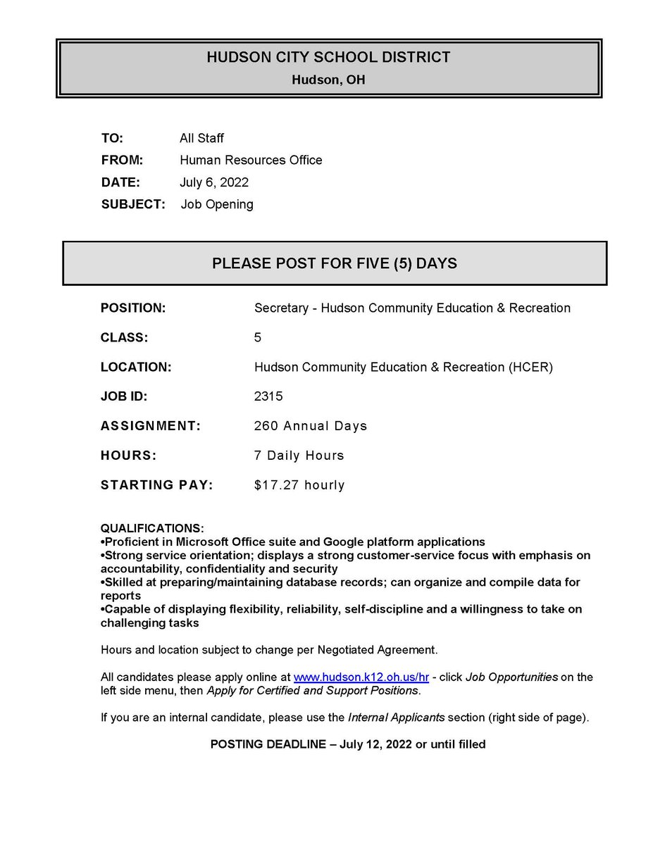 Looking for a fun place to work?  Come be our Admin Assistant!!
Questions?  
Email us: HCER@hudson.edu